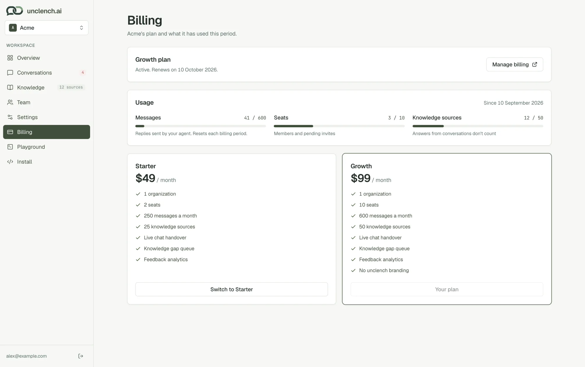 The Billing page with the current plan, usage bars for messages, seats and knowledge sources, and the Starter and Growth plans