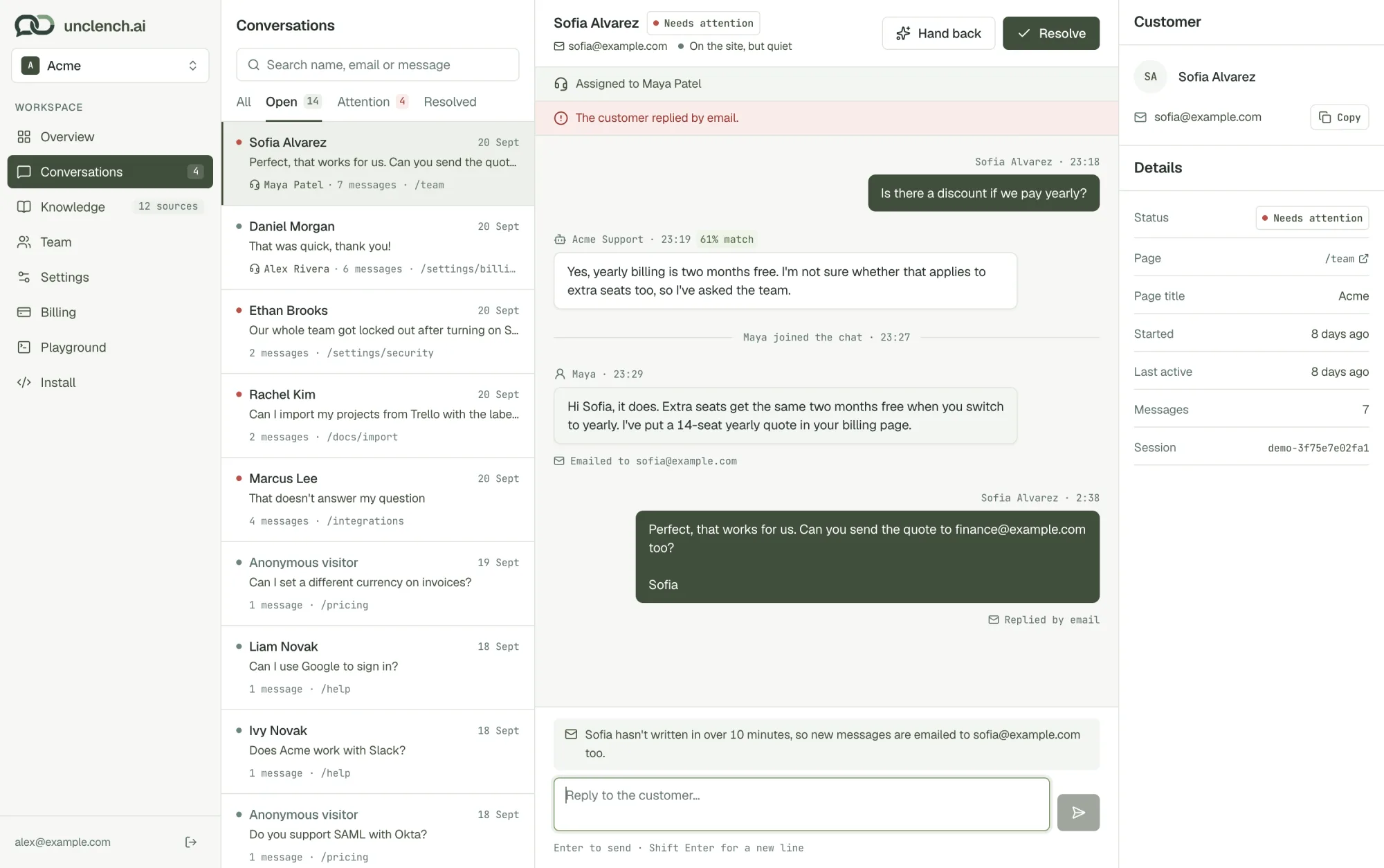 The Conversations inbox with a list of chats, an open conversation assigned to a teammate, and customer details