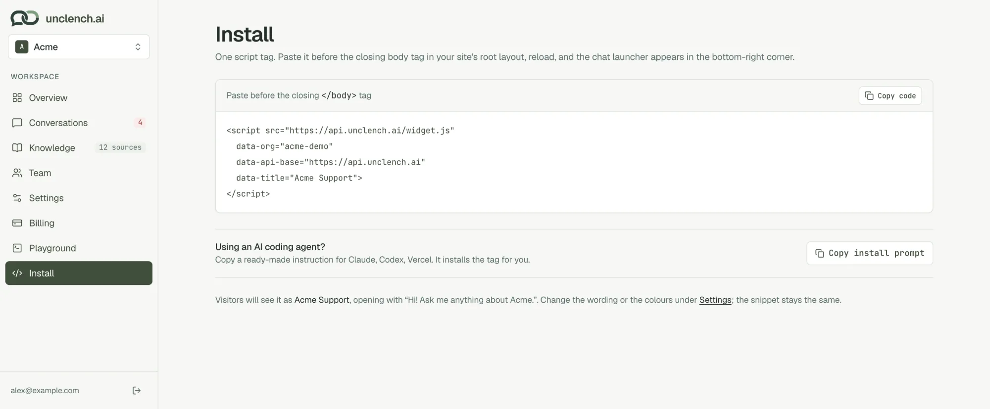 The Install page showing the script tag, a Copy code button and a Copy install prompt button
