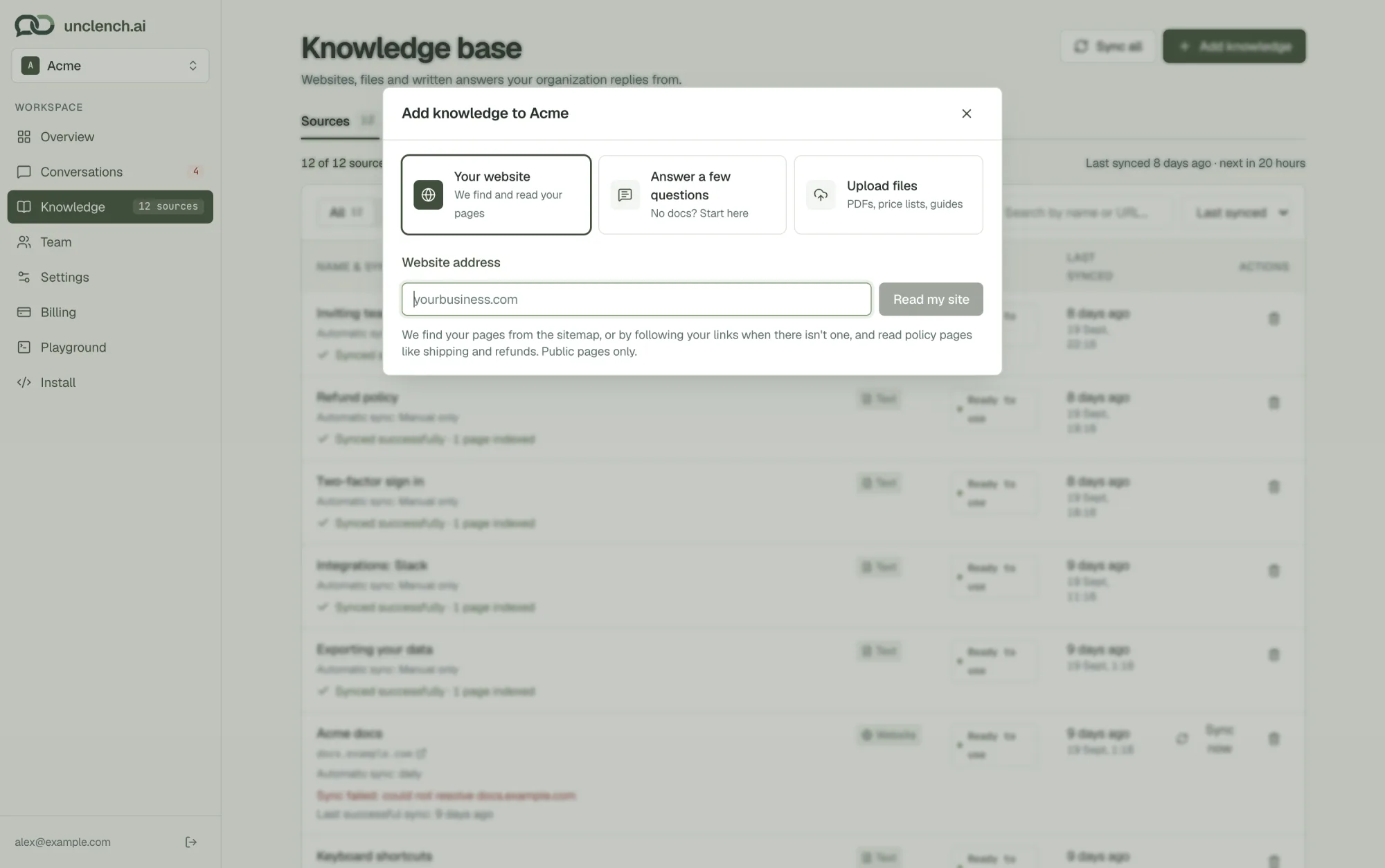 The Add knowledge window with three options: Your website, Answer a few questions, and Upload files