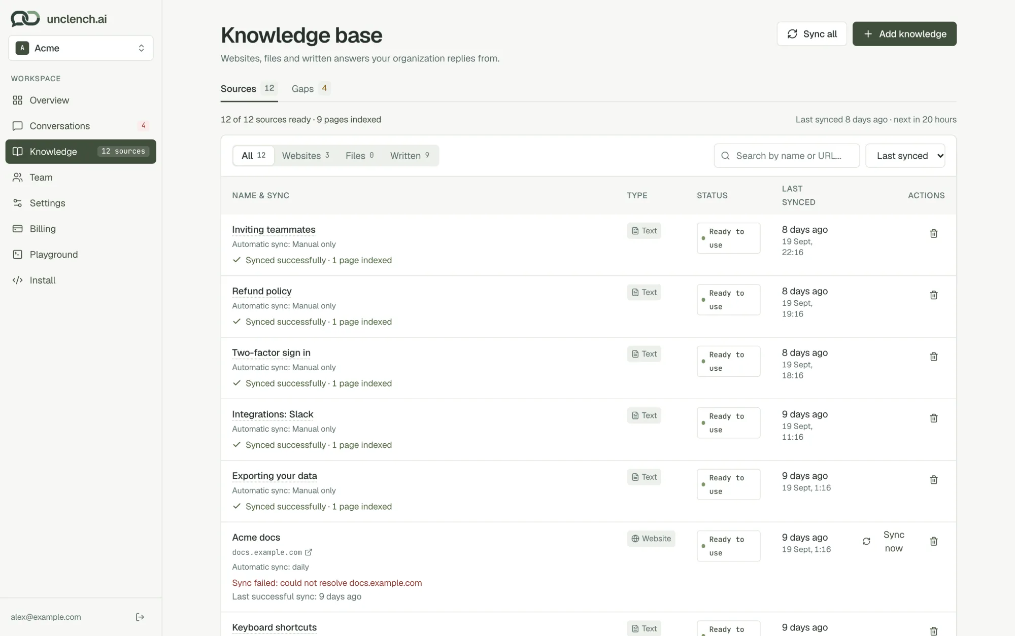 The Knowledge base with a list of sources, their type, status and when they were last synced