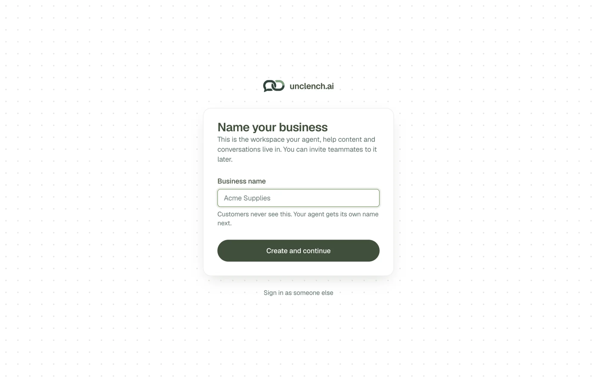 The Name your business screen with a Business name field