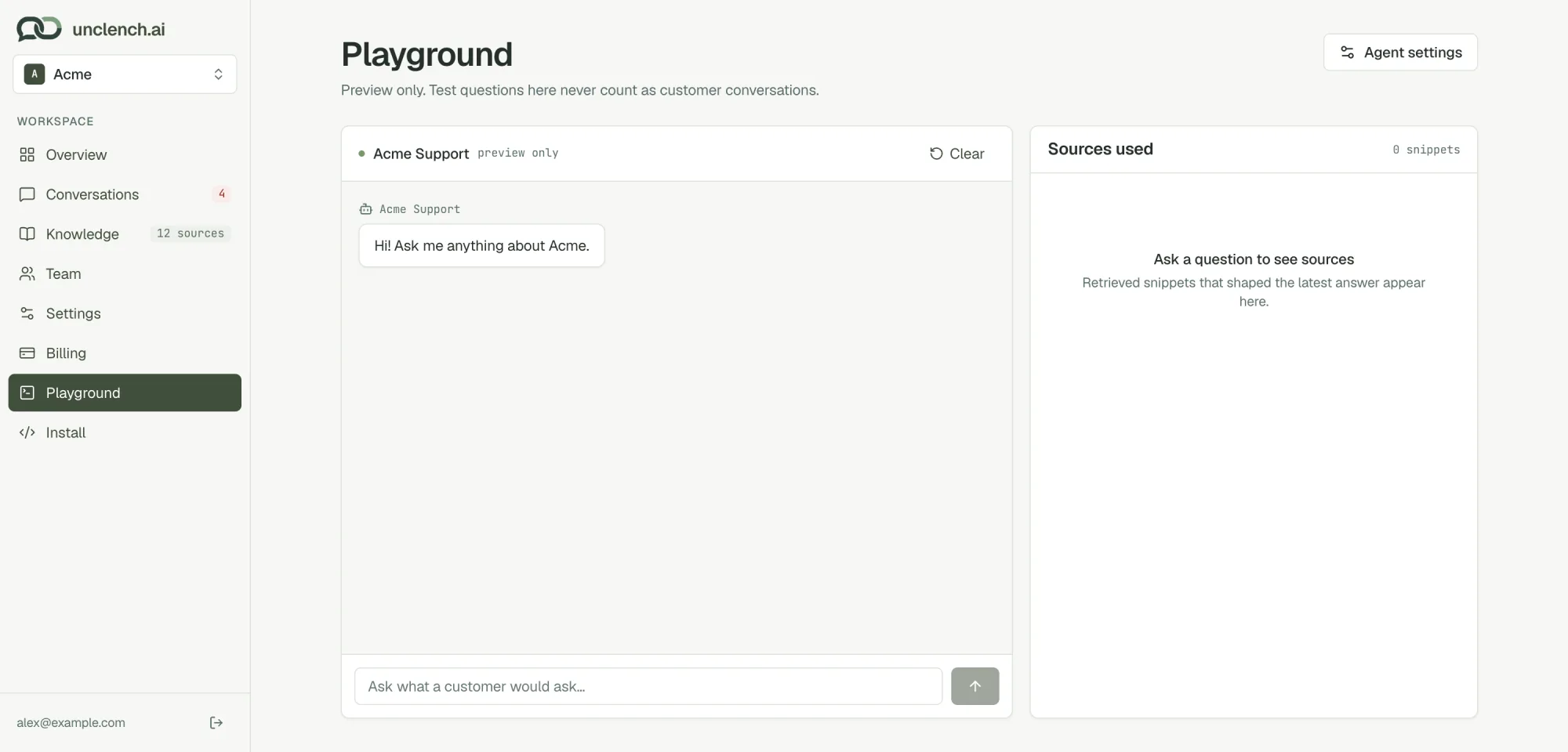 The Playground with a chat on the left and a Sources used panel on the right