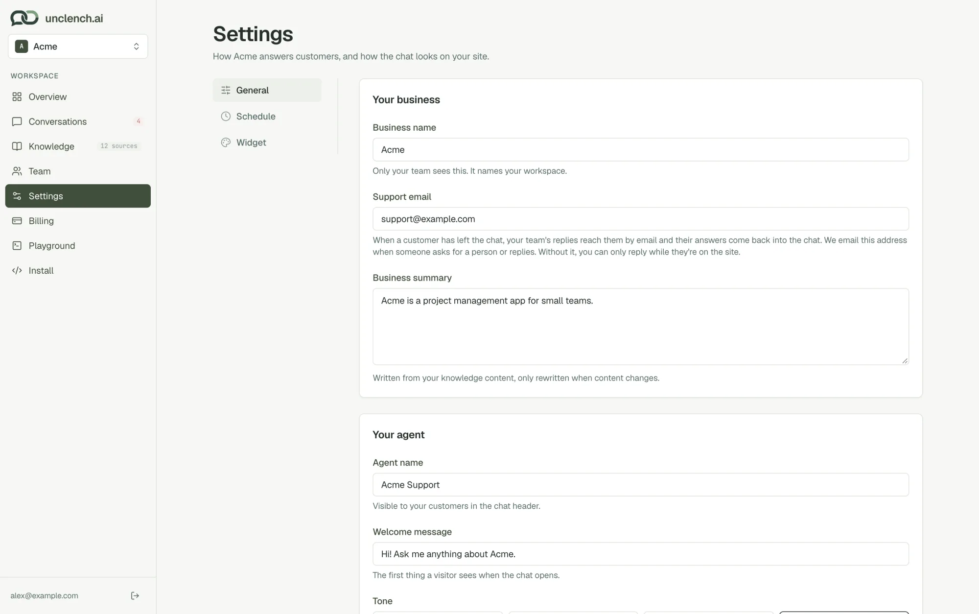 General settings with business name, support email, business summary, agent name and welcome message