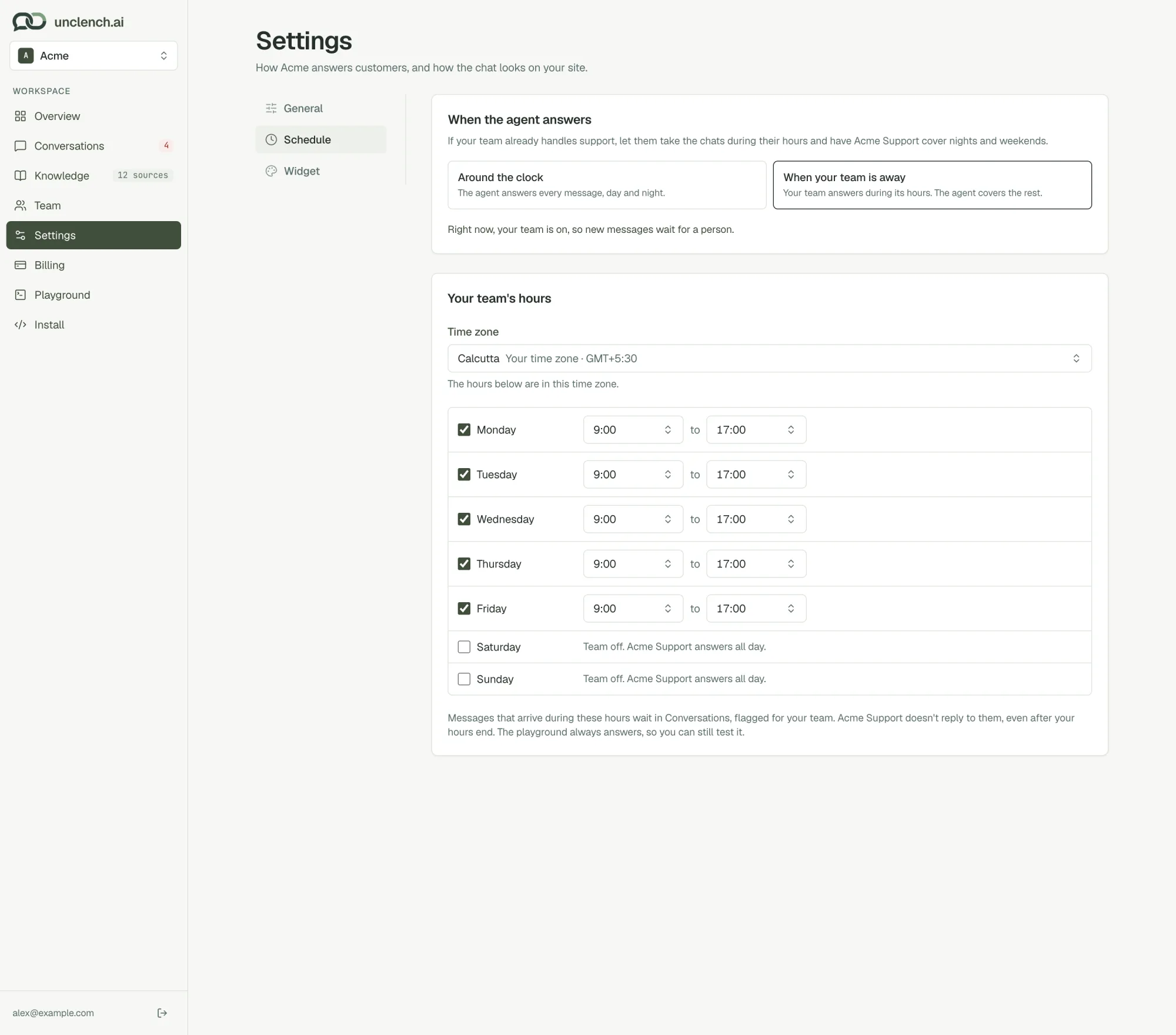 Schedule settings with Around the clock and When your team is away, a time zone and hours for each day