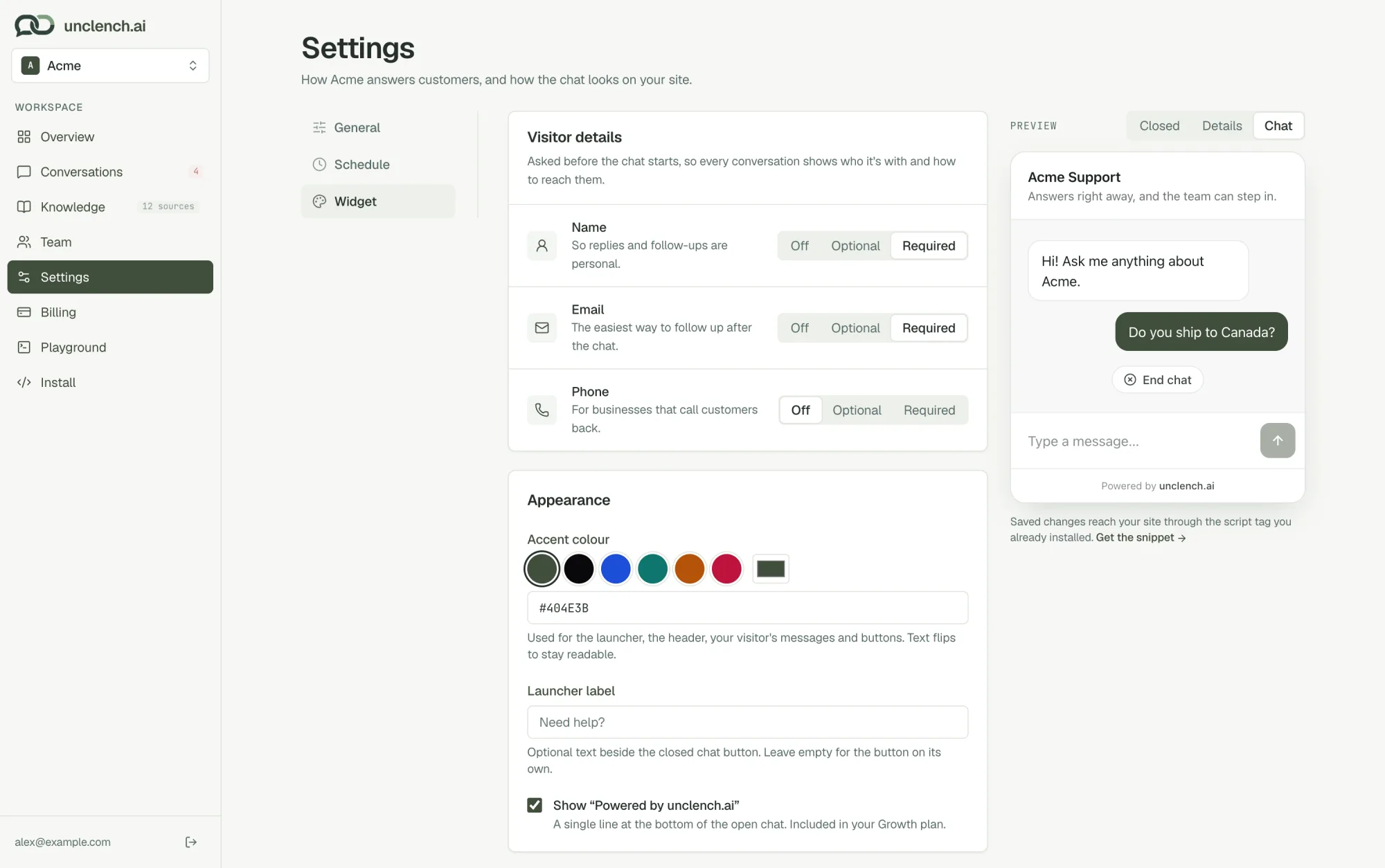 Widget settings with visitor details, accent colour, launcher label and a live preview of the chat