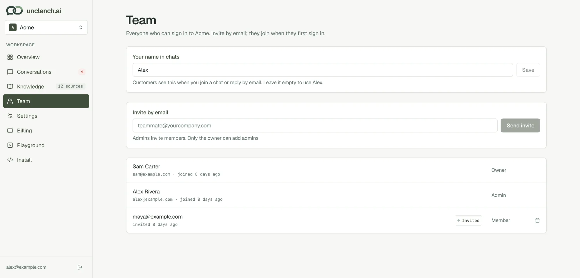 The Team page with Your name in chats, Invite by email, and a list of members with their roles